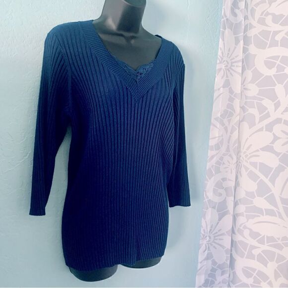 Dress Barn Navy Blue Ribbed V-Neck Sweater Size 1X - Picture 3 of 7